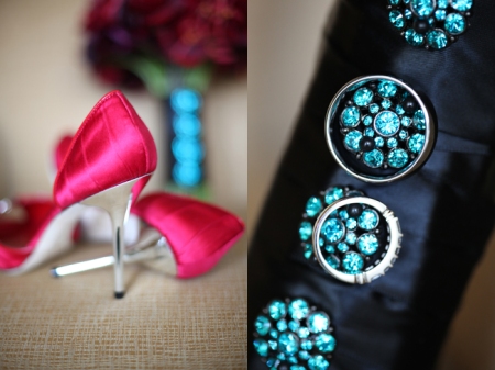 Wowsers, check out those shoes on the left!  You can see her red and black bouquet in the background.  She wanted "tasteful bling" on her bouquet wrap- these precious teal rhinestone buttons did the trick!  