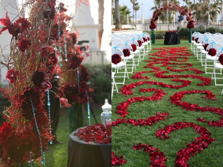 This was an incredible scene- Two huge vases full of blue water supported an arch of tangled curly willow, accented with striking red flowers and dangling aqua crystals.  The swirly aisle went from dark red (black baccara roses), to medium red (black magic roses), to bright red (freedom roses).  